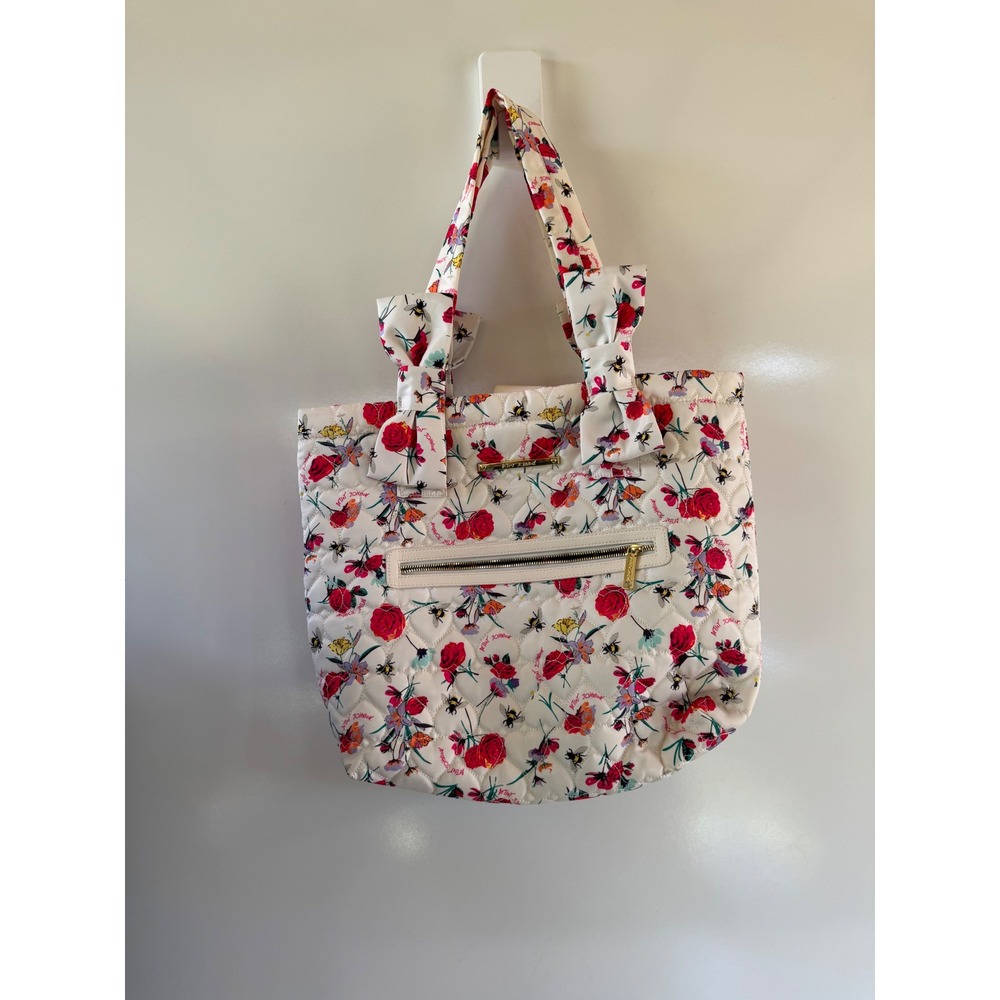 Betsey Johnson Floral Bumblebee Quilted Heart Tote Bag with Bows White